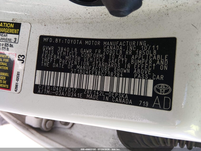 2011 Toyota Corolla S VIN: 2T1BU4EEXBC718284 Lot: 45683155