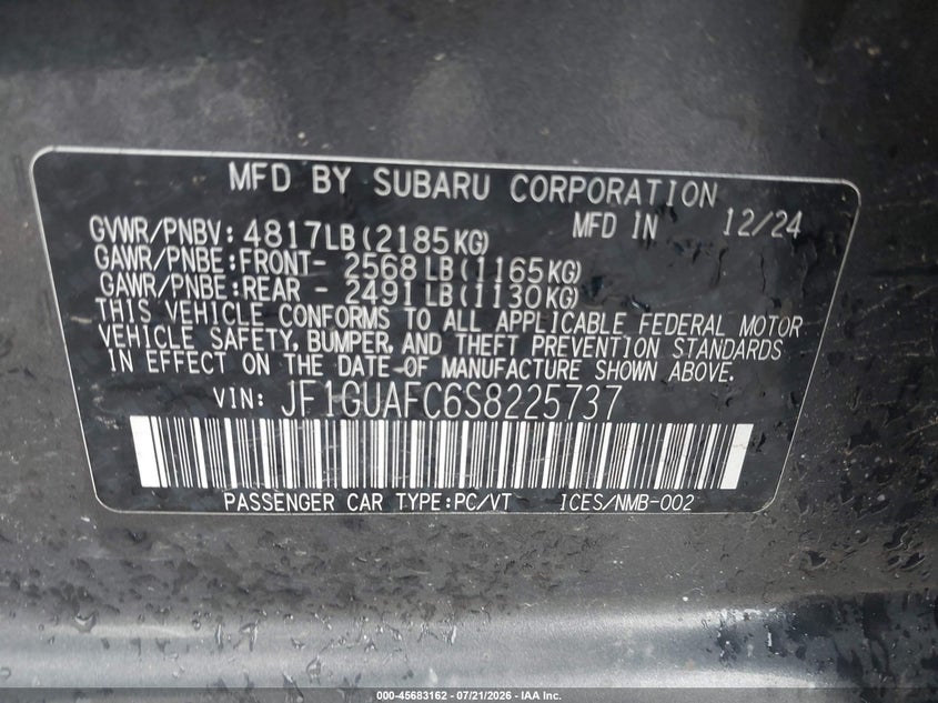 2025 Subaru Impreza Sport 5-Door VIN: JF1GUAFC6S8225737 Lot: 45683162
