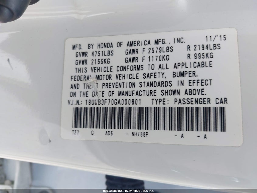2016 Acura Tlx V6 Advance VIN: 19UUB3F70GA000801 Lot: 45683164