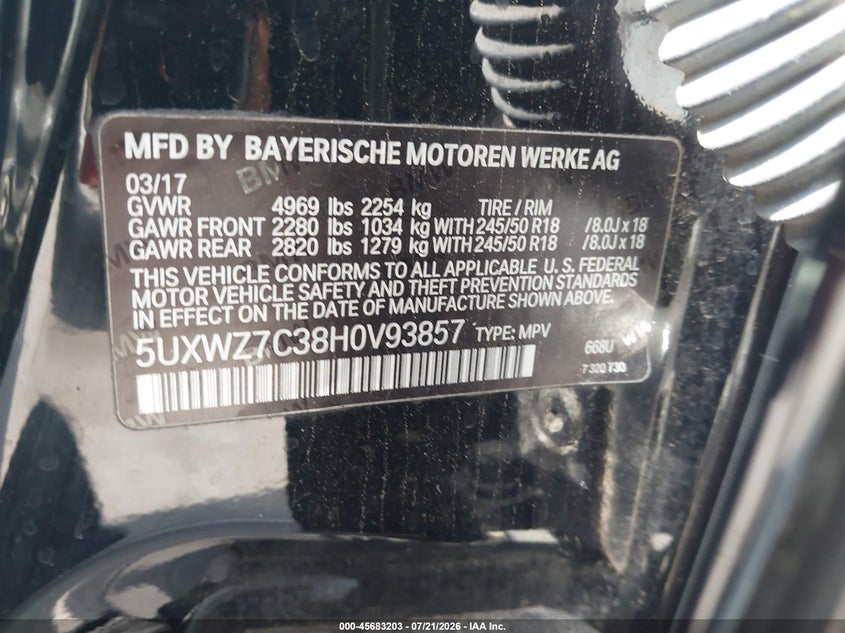 2017 BMW X3 Sdrive28I VIN: 5UXWZ7C38H0V93857 Lot: 45683203