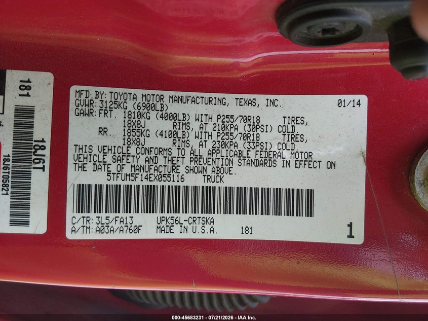 2014 Toyota Tundra Sr 4.6L V8 VIN: 5TFUM5F14EX055116 Lot: 45683231