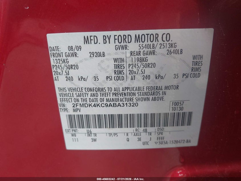 2010 Ford Edge Limited VIN: 2FMDK4KC9ABA31320 Lot: 45683242