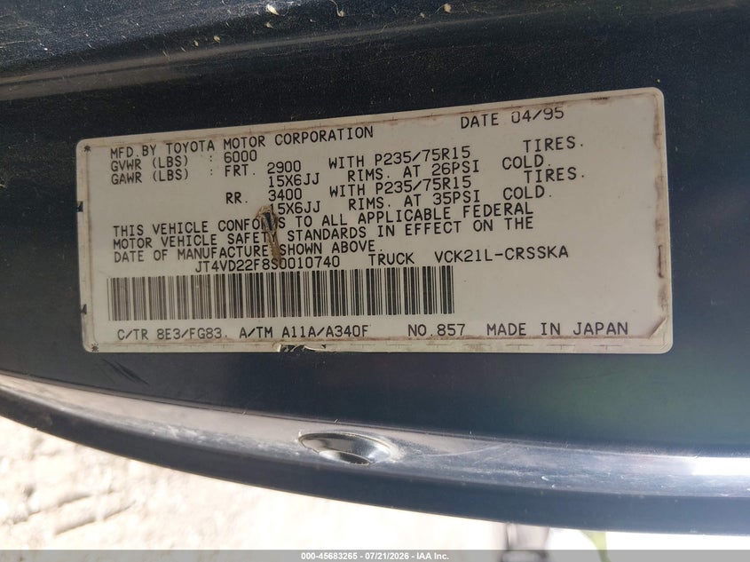 1995 Toyota T100 Xtracab Sr5 VIN: JT4VD22F8S0010740 Lot: 45683265