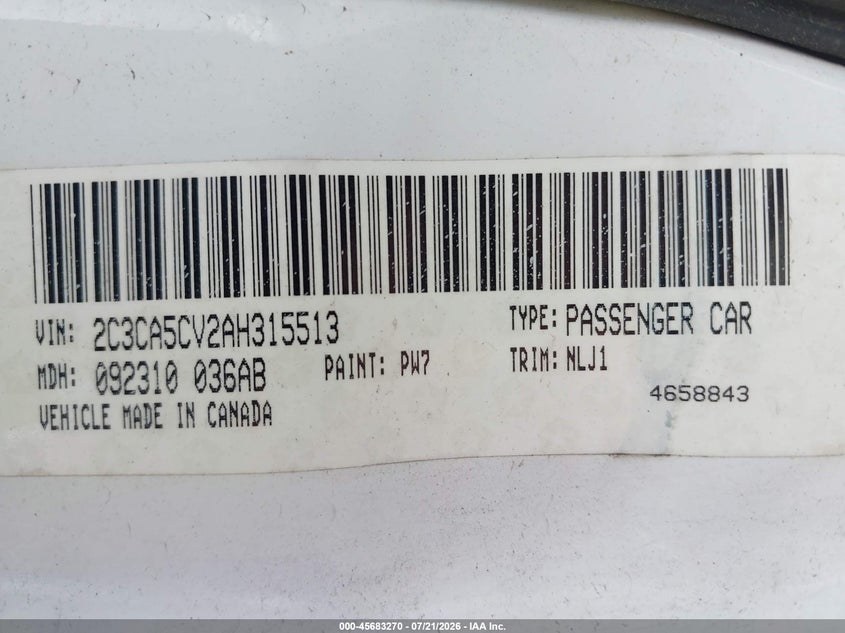 CHRYSLER 300 2010 VIN 2C3CA5CV2AH315513