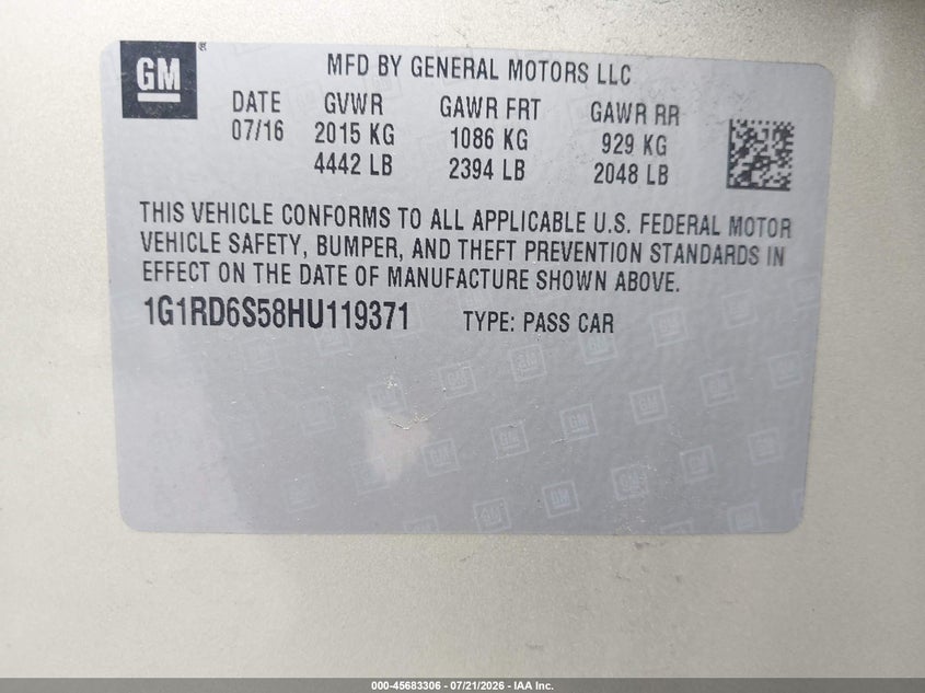 2017 Chevrolet Volt Premier VIN: 1G1RD6S58HU119371 Lot: 45683306