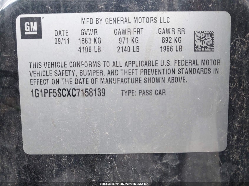 CHEVROLET CRUZE 2012 VIN 1G1PF5SCXC7158139