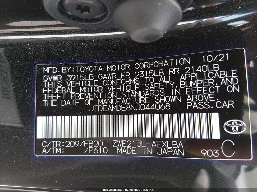 2022 Toyota Corolla Hybrid Le VIN: JTDEAMDE8NJ044068 Lot: 45683330