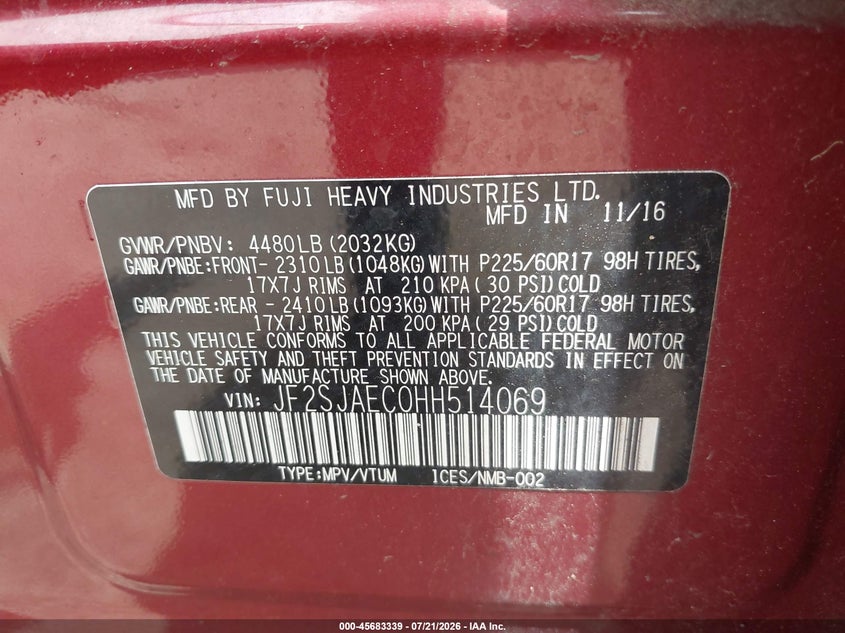 2017 Subaru Forester 2.5I Premium VIN: JF2SJAEC0HH514069 Lot: 45683339