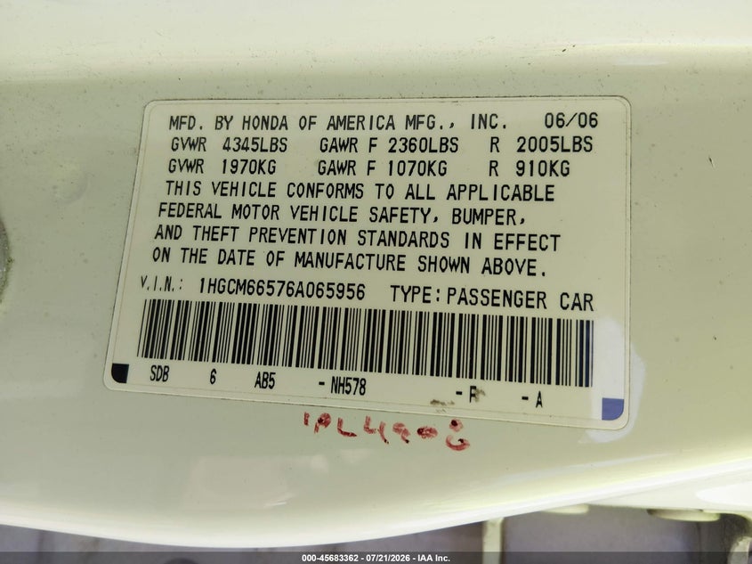 HONDA ACCORD 2006 VIN 1HGCM66576A065956