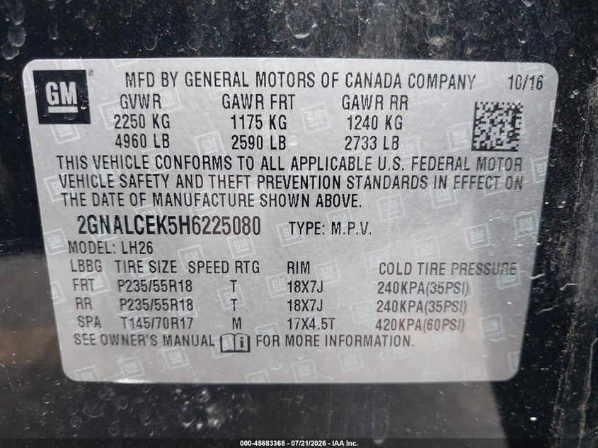 2017 Chevrolet Equinox Lt VIN: 2GNALCEK5H6225080 Lot: 45683368