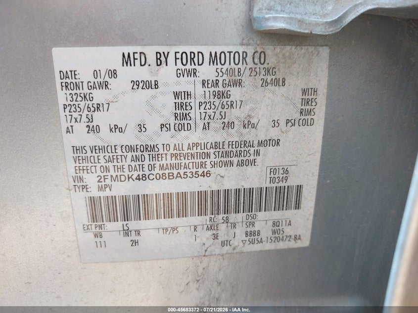 2008 Ford Edge Sel VIN: 2FMDK48C08BA53546 Lot: 45683372