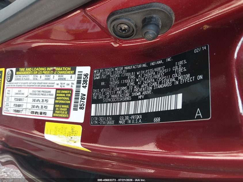 2014 Toyota Sienna Xle V6 8 Passenger VIN: 5TDYK3DC7ES458965 Lot: 45683373