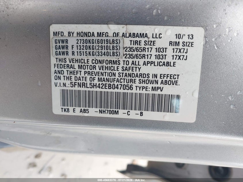 2014 Honda Odyssey Ex VIN: 5FNRL5H42EB047056 Lot: 45683376