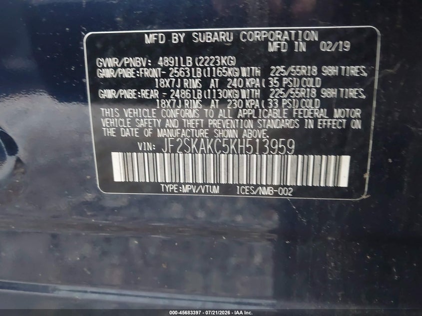 2019 Subaru Forester Sport VIN: JF2SKAKC5KH513959 Lot: 45683397