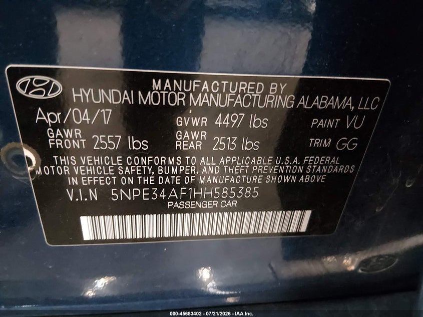 2017 Hyundai Sonata Sport VIN: 5NPE34AF1HH585385 Lot: 45683402