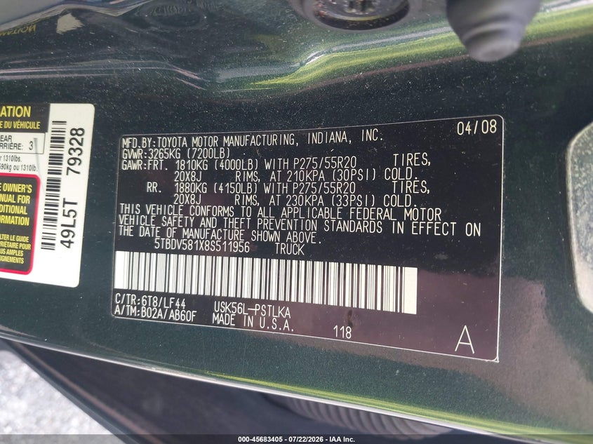 TOYOTA TUNDRA 2008 VIN 5TBDV581X8S511956