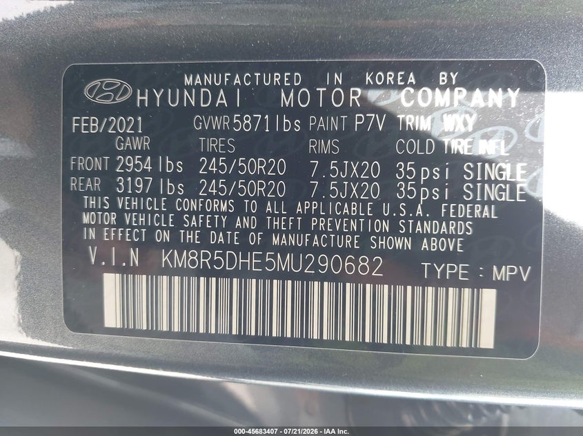 2021 Hyundai Palisade Limited VIN: KM8R5DHE5MU290682 Lot: 45683407