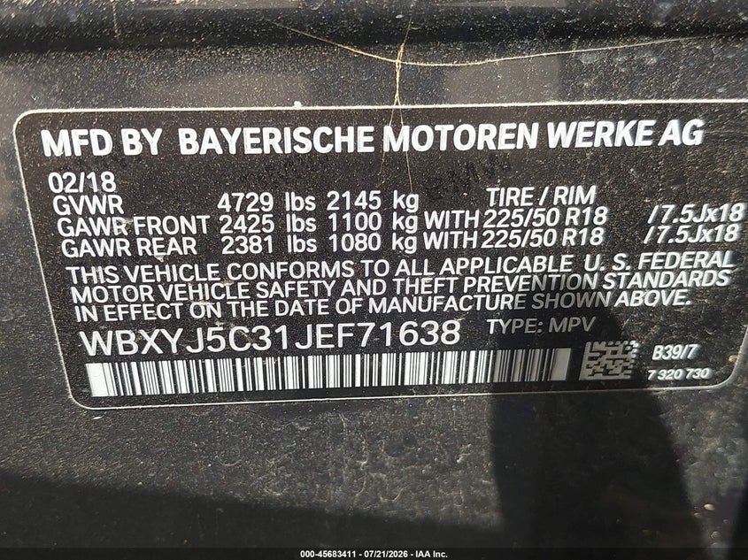 2018 BMW X2 xDrive28I VIN: WBXYJ5C31JEF71638 Lot: 45683411