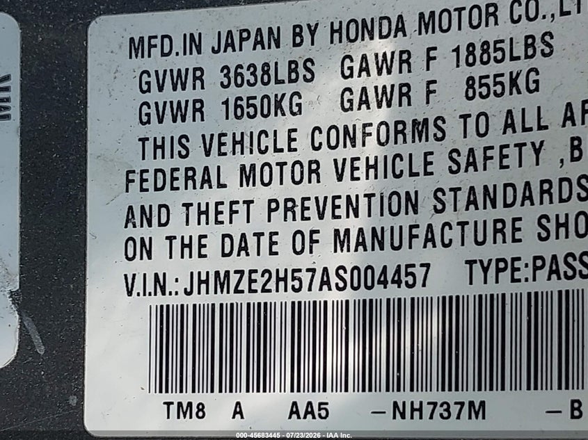 HONDA INSIGHT 2010 VIN JHMZE2H57AS004457