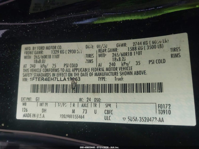 2020 Ford Ranger Lariat VIN: 1FTER4EH7LLA13963 Lot: 45683448