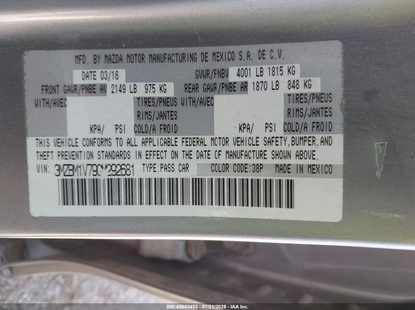 2016 Mazda Mazda3 I Touring VIN: 3MZBM1V79GM292681 Lot: 45683453