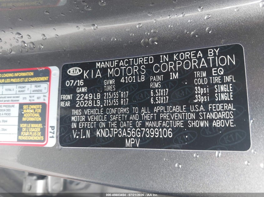 2016 Kia Soul + VIN: KNDJP3A56G7399106 Lot: 45683454