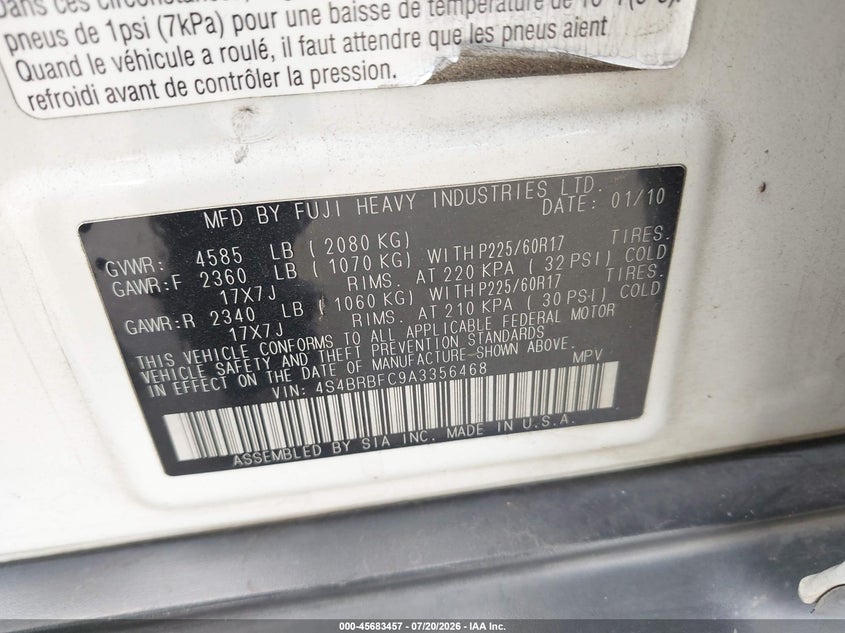 2010 Subaru Outback 2.5I Premium VIN: 4S4BRBFC9A3356468 Lot: 45683457
