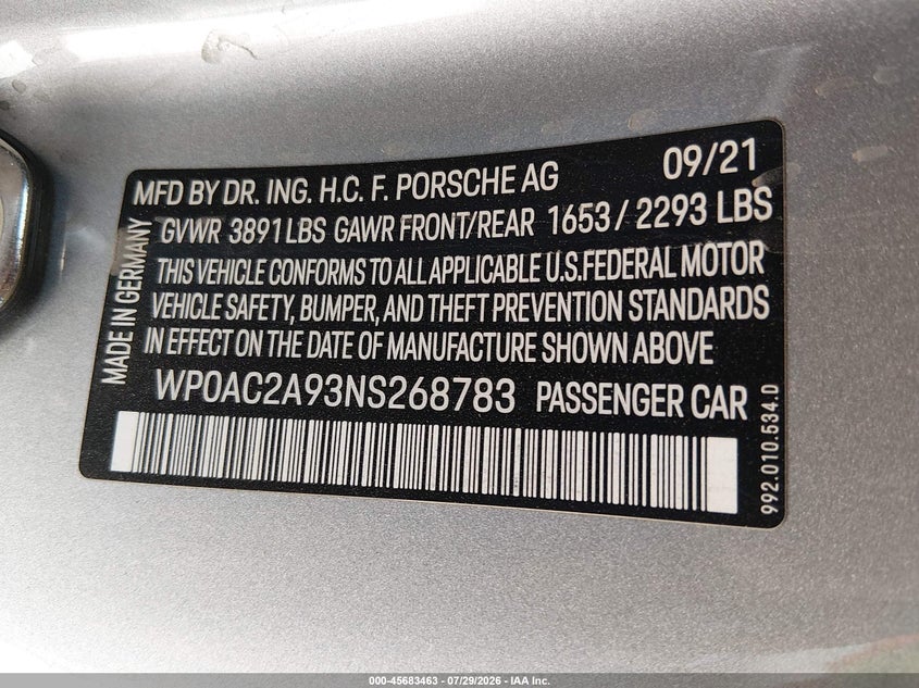 PORSCHE 911 2022 VIN WP0AC2A93NS268783