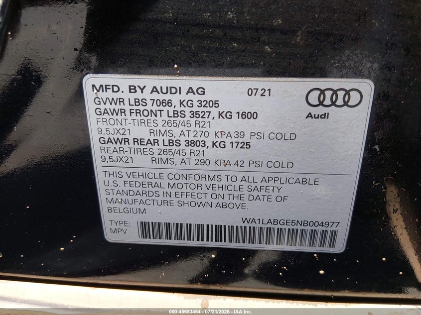 2022 Audi E-Tron Premium Plus Quattro VIN: WA1LABGE5NB004977 Lot: 45683464