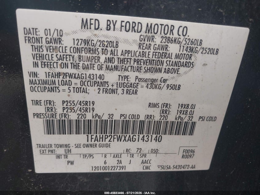 2010 Ford Taurus Limited VIN: 1FAHP2FWXAG143140 Lot: 45683466