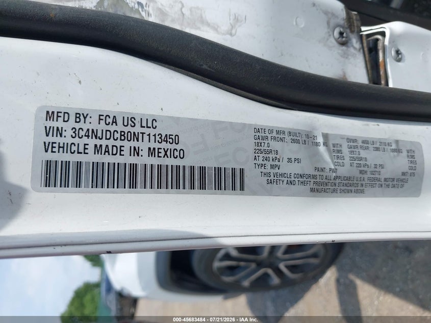2022 Jeep Compass Limited 4X4 VIN: 3C4NJDCB0NT113450 Lot: 45683484