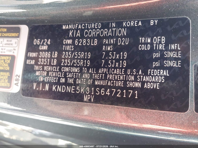2025 Kia Carnival Mpv Sx Prestige VIN: KNDNE5K31S6472171 Lot: 45683497