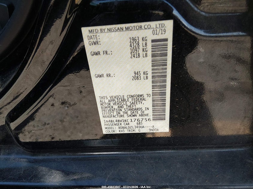 2019 Nissan Altima 2.5 S VIN: 1N4BL4BV1KC176756 Lot: 45683507