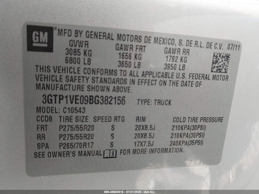 2011 GMC Sierra 1500 Sle VIN: 3GTP1VE09BG382156 Lot: 45683516