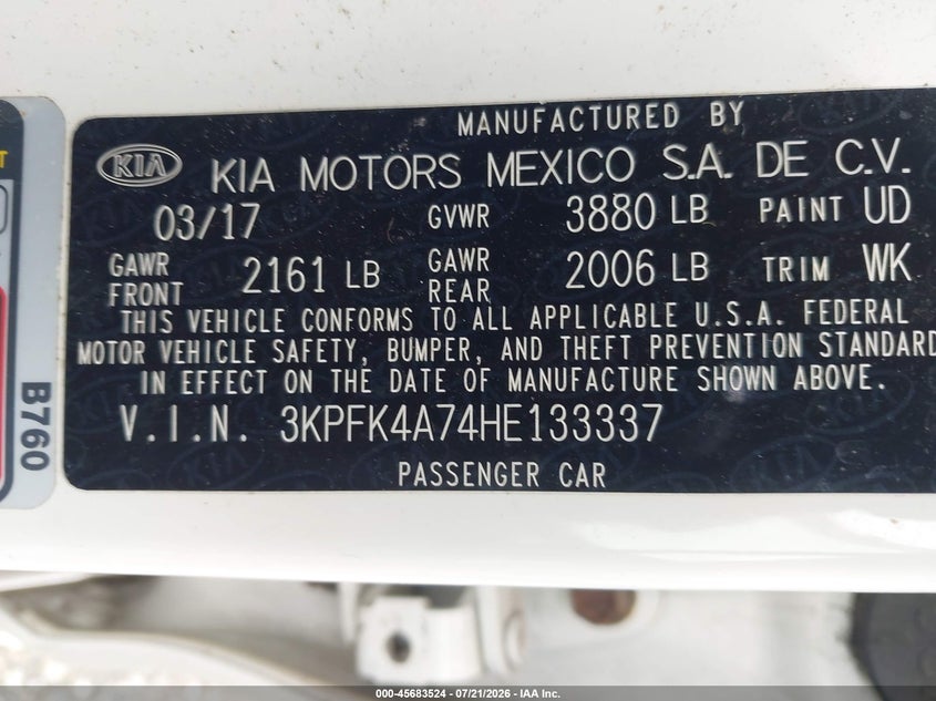 2017 Kia Forte Lx VIN: 3KPFK4A74HE133337 Lot: 45683524