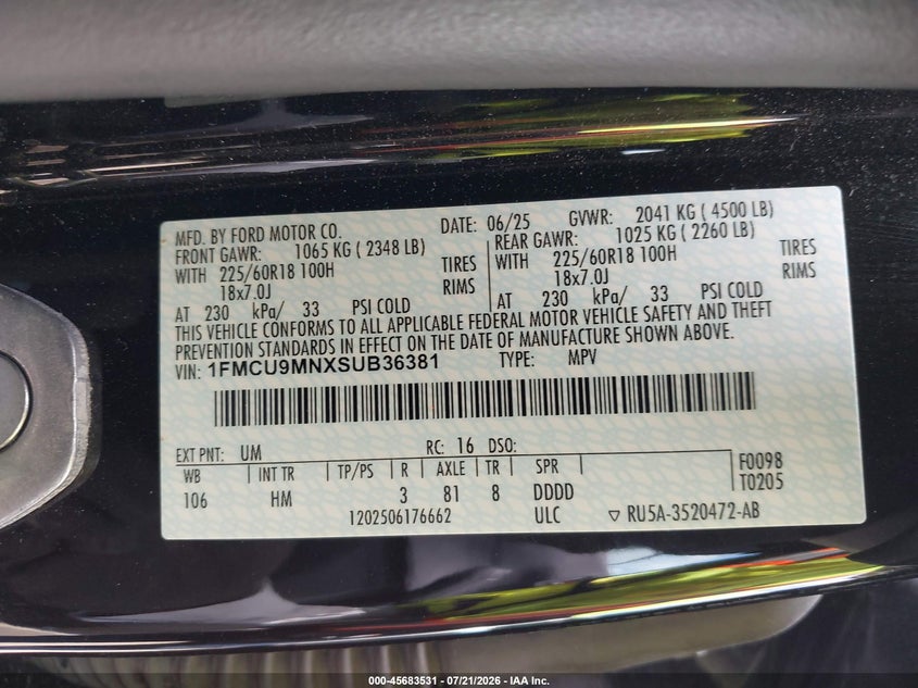 2025 Ford Escape St-Line VIN: 1FMCU9MNXSUB36381 Lot: 45683531