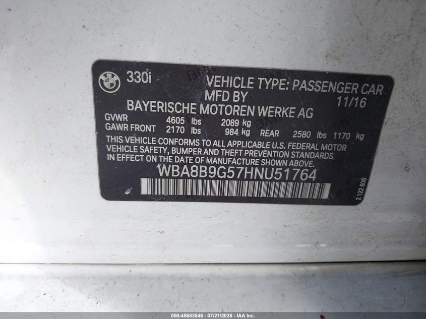 2017 BMW 330I VIN: WBA8B9G57HNU51764 Lot: 45683546