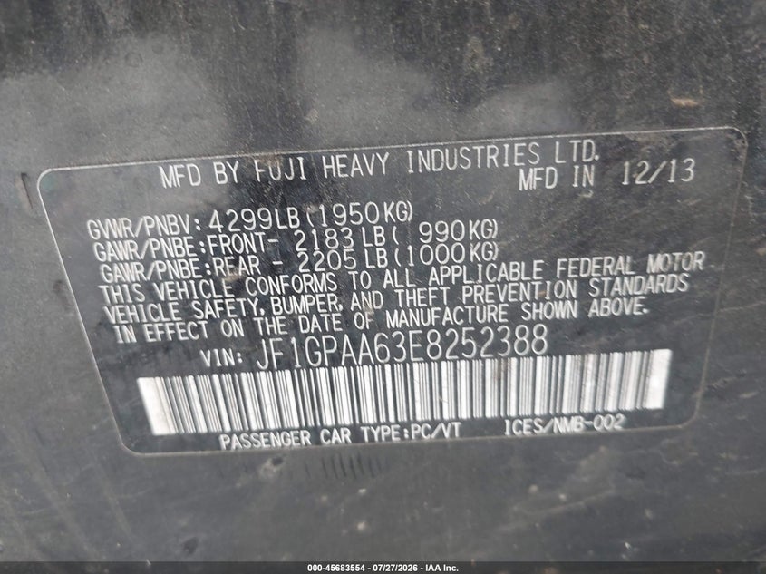 SUBARU IMPREZA 2014 VIN JF1GPAA63E8252388
