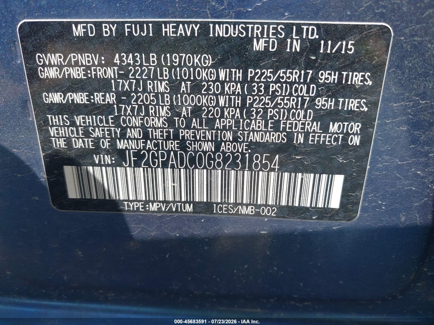 2016 SUBARU XV SPORT UTILITY VEHICLE 2.0L H-4 DOHC, VVT, 148HP