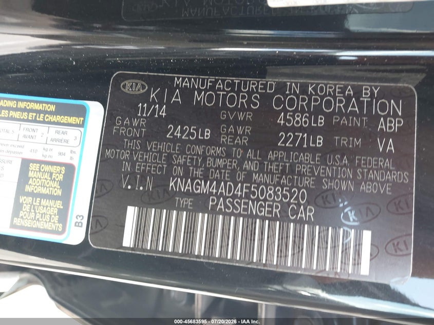 2015 Kia Optima Hybrid VIN: KNAGM4AD4F5083520 Lot: 45683595