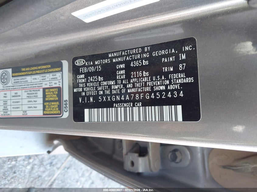 2015 Kia Optima Ex VIN: 5XXGN4A78FG452434 Lot: 45683601