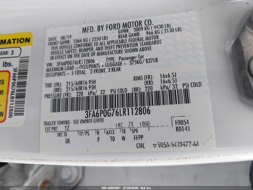 2020 Ford Fusion S VIN: 3FA6P0G76LR112806 Lot: 45683607