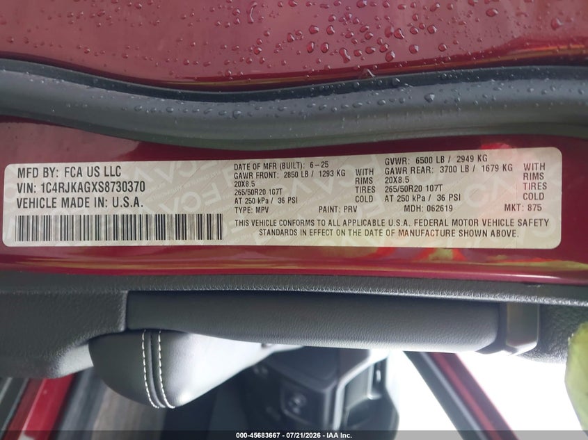 2025 Jeep Grand Cherokee L Altitude X 4X4 VIN: 1C4RJKAGXS8730370 Lot: 45683667
