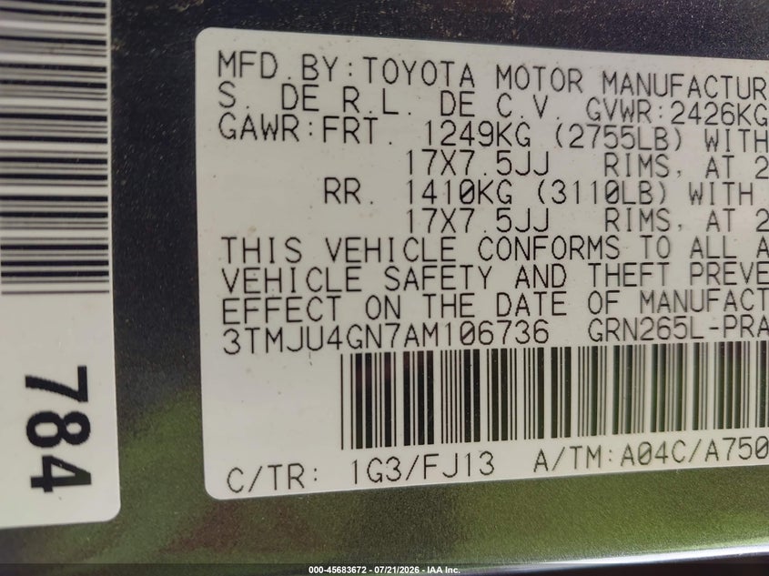 2010 Toyota Tacoma Prerunner V6 VIN: 3TMJU4GN7AM106736 Lot: 45683672