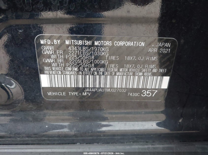 2021 Mitsubishi Outlander Sport 2.0 Be 2Wd/2.0 Es 2Wd/2.0 Le 2Wd/2.0 S 2Wd VIN: JA4APUAU1MU027032 Lot: 45683676