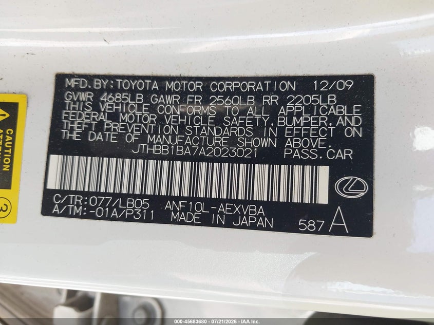2010 Lexus Hs 250H VIN: JTHBB1BA7A2023021 Lot: 45683680