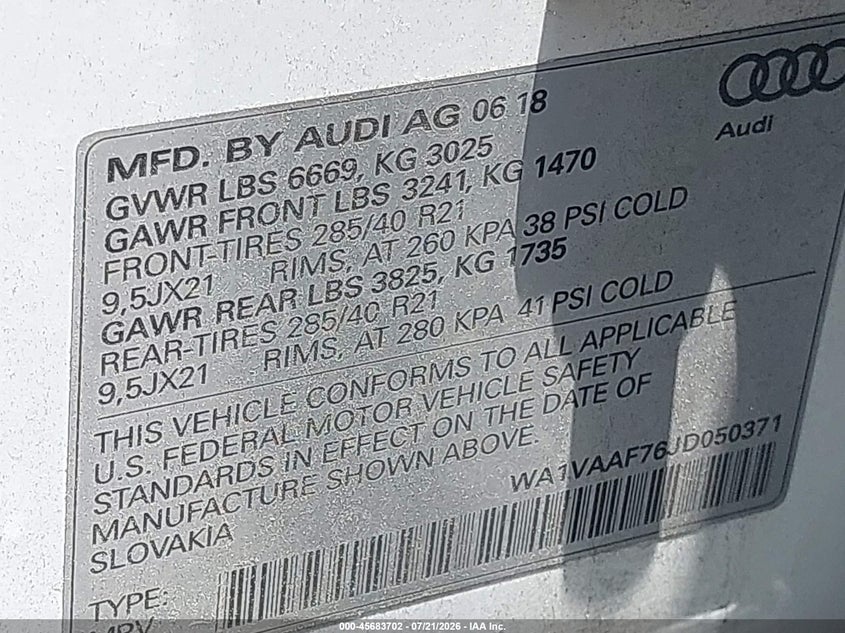 2018 Audi Q7 3.0T Premium VIN: WA1VAAF76JD050371 Lot: 45683702