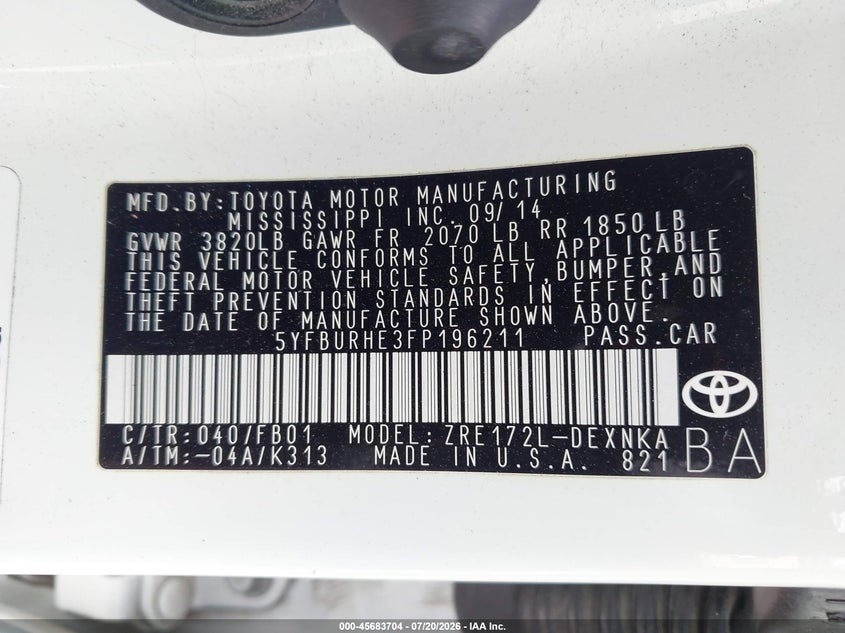 2015 Toyota Corolla Le Plus VIN: 5YFBURHE3FP196211 Lot: 45683704