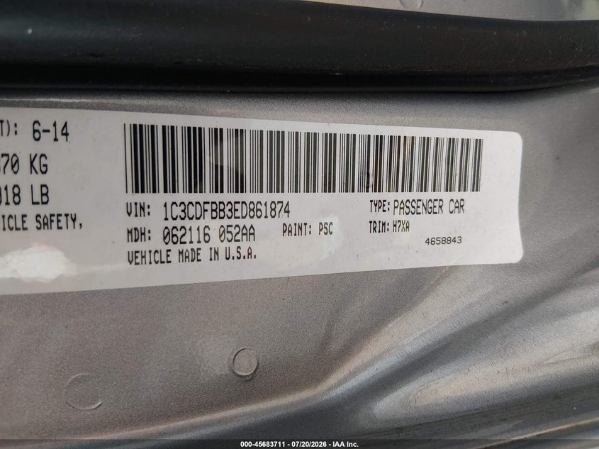2014 Dodge Dart Sxt VIN: 1C3CDFBB3ED861874 Lot: 45683711