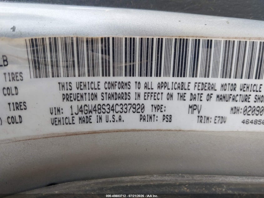 2004 Jeep Grand Cherokee Laredo VIN: 1J4GW48S34C337920 Lot: 45683712